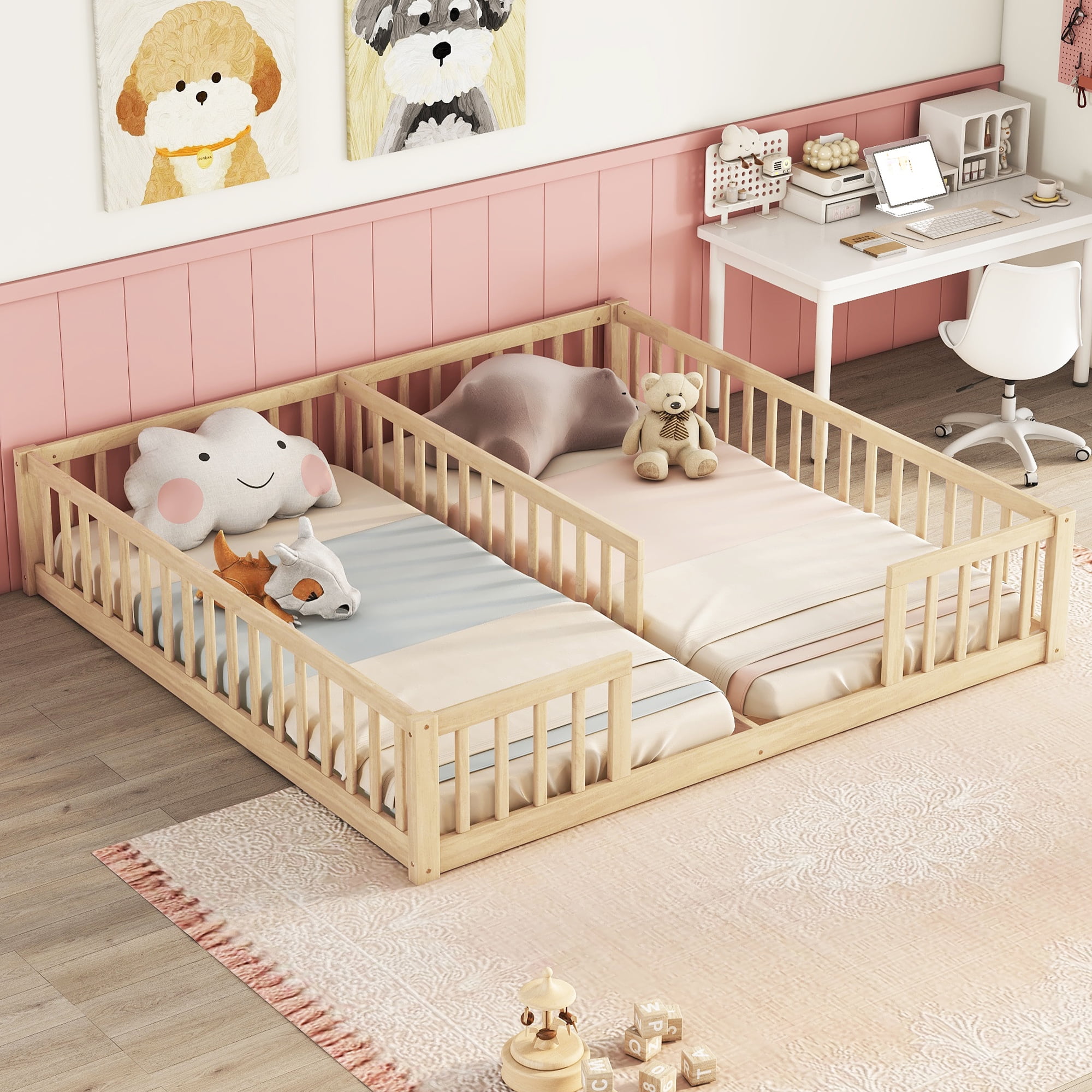 Double Twin Floor Bed with Fence, Guardrails, Without Door, Natural