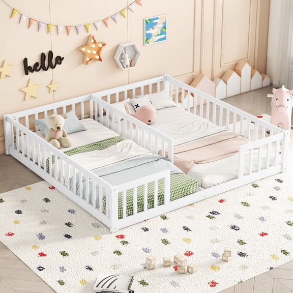 Double Twin Floor Bed with Fence, Guardrails, without door