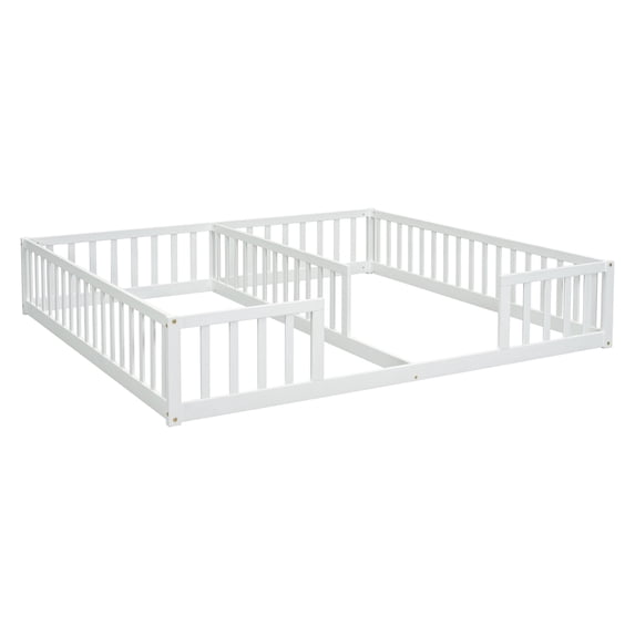 Double Twin Floor Bed with Guardrails - White, Pine & Plywood, 200lbs+200lbs Capacity, No Box Spring, Space-Saving