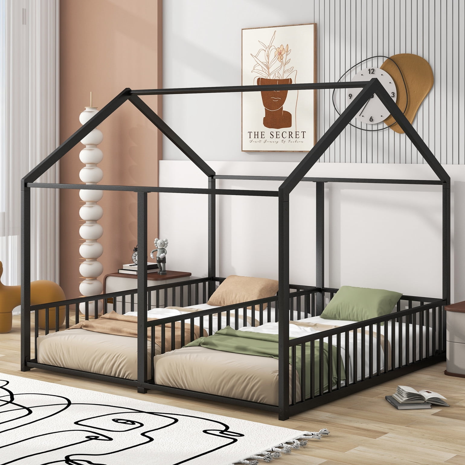 Metal Twin Size House Platform Bed for Kids with Safety Guardrails Two Shared Beds Black