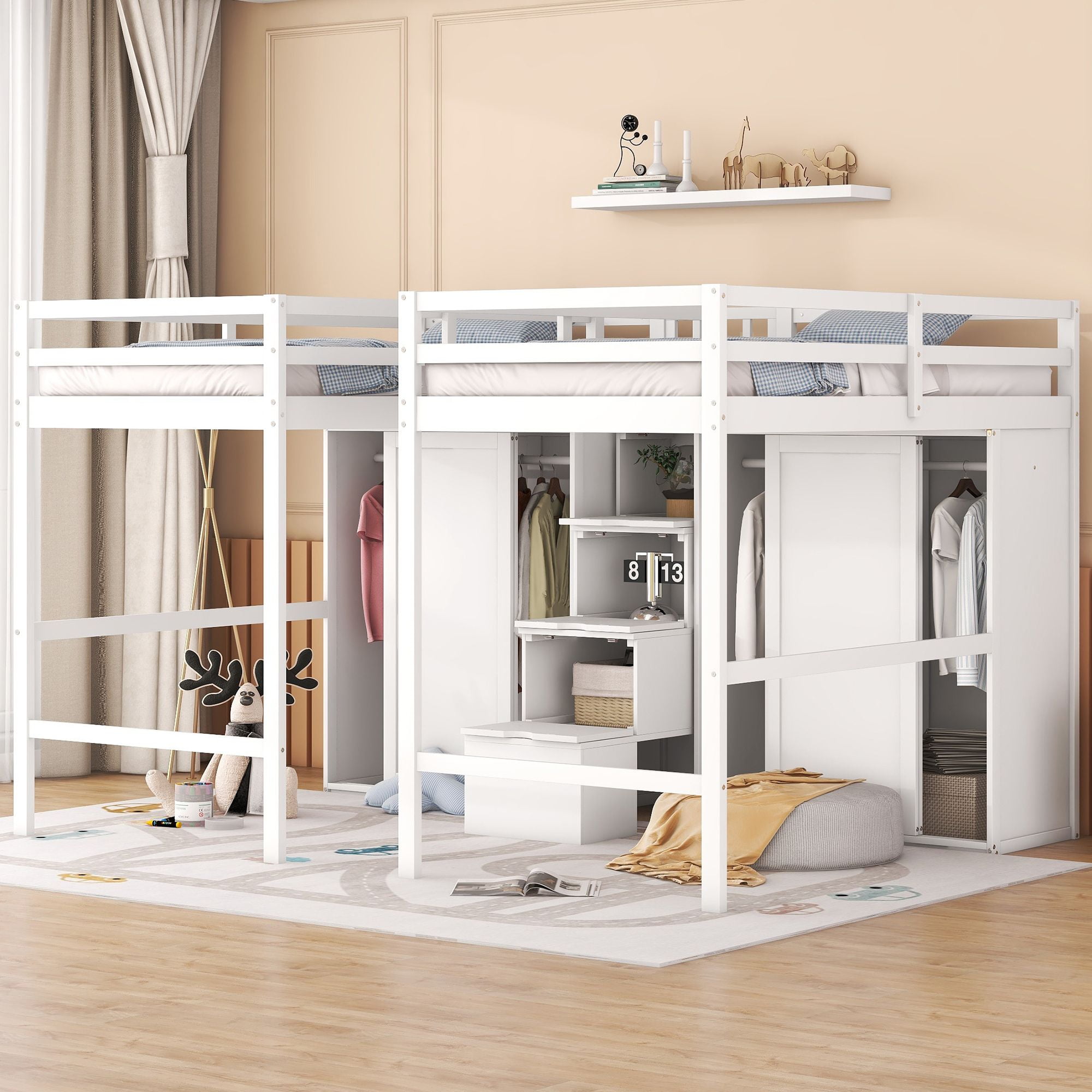 Double Twin Loft Bed, Solid Wood Loft Bed with Wardrobes and Staircase — free download