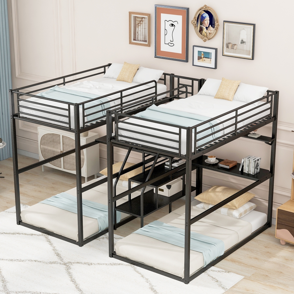 Double Twin Over Twin Metal Bunk Bed with Desk and Shelves, 4in1