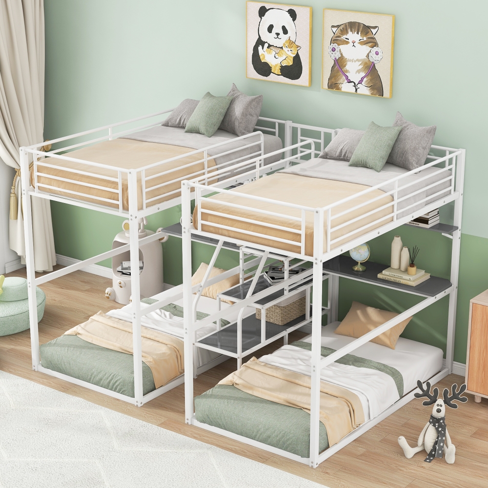 Double Twin Over Twin Metal Bunk Bed with Desk and Shelves, 4in1