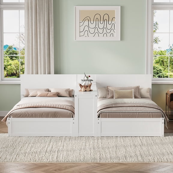 Double Twin Platform Bed with Adjustable Storage Desk and Headboard, Wood Twin Beds for 2, Flexible Shelf Design, Wood Slats and No Box Spring Needed, White