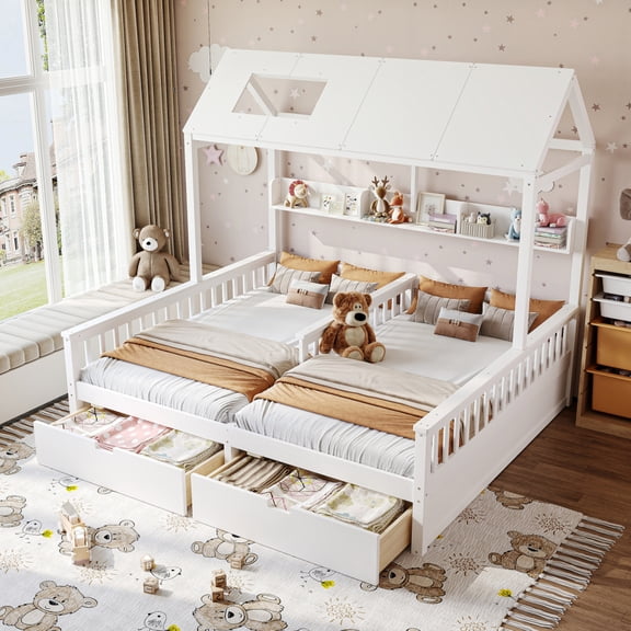 Double Twin Platform Bed,Playhouse Design with Storage Shelves & Drawers, Built-in Support Slats,White
