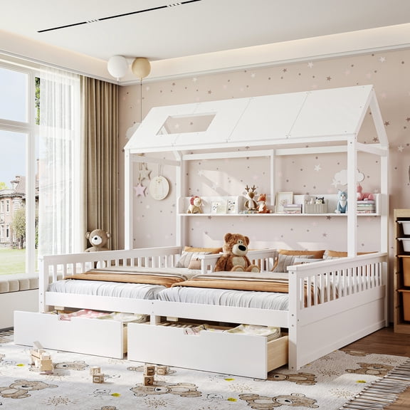 Double Twin Platform Bed with Storage Shelves and Drawers, House Platform Bed with Support Slats, Childlike and Playhouse Design, White