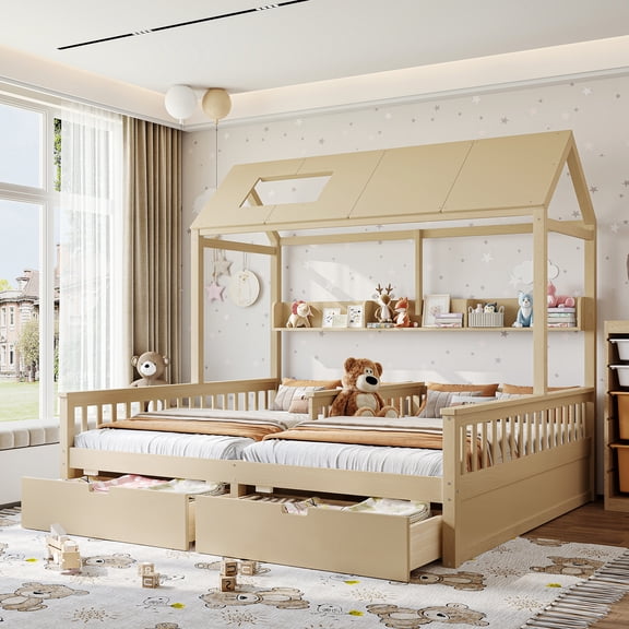 Double Twin Platform Bed with Storage Shelves and Drawers, House Platform Bed with Support Slats, Natural
