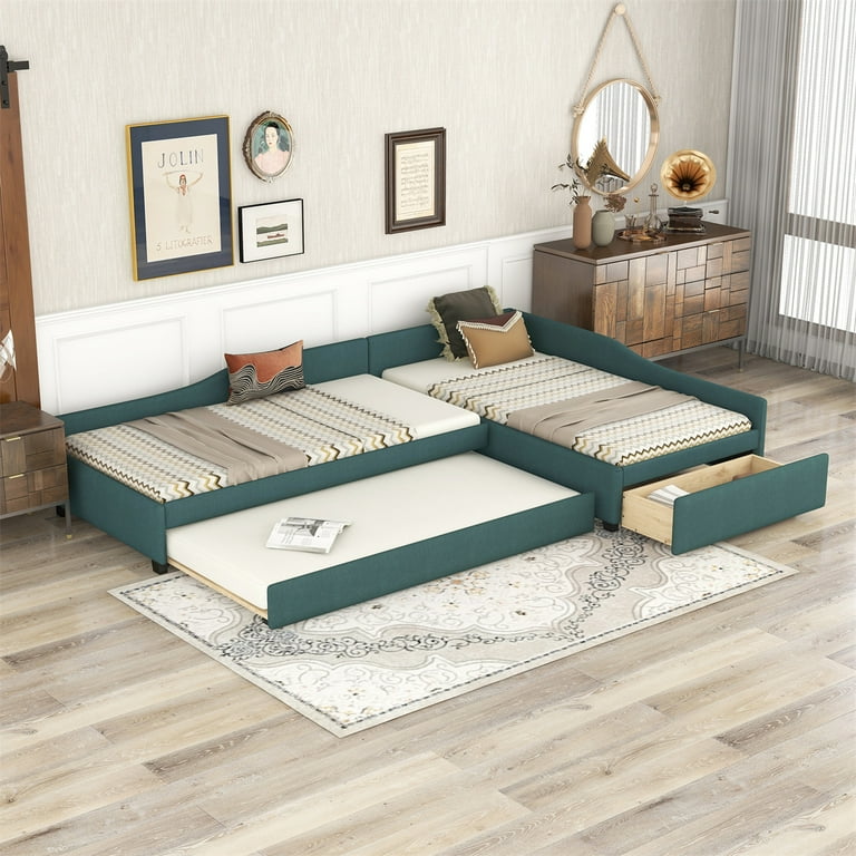 Double Twin Size Daybed L Shaped Platform Bed with Trundle and Drawer for Kids Teens Adults Upholstered Corner Bed Frame with Slats Support 3 Beds