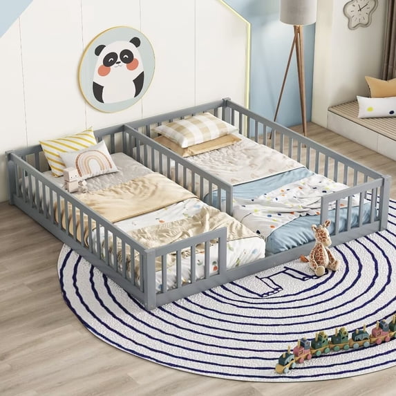 Double Twin Size Floor Beds with Fence and Guardrails Design, Solid Wood Double Twin Platform Bed for 2, Montessori Floor Beds for Boys Girls Teens, No Box Spring Needed, Easy Assembly, Grey