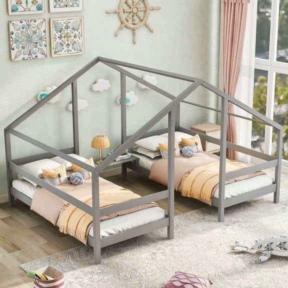 Double Twin Size House Bed,Wooden Triangular Bed with Built In Table,2 Beds in 1 Platform Bed Frame for Girls or Boys,Can Be Decorated Tent,No Box Spring Needed,Gray