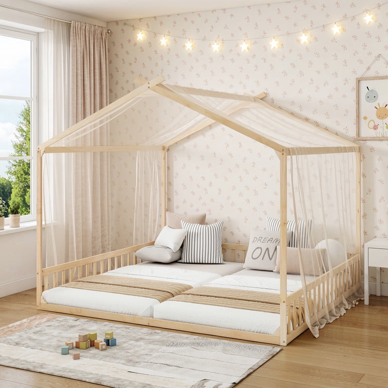 Double Twin Size House-Shaped Canopy Floor Bed with Safety Guardrails, Kids Wooden Low Profile Bed Frame with Open Roof Design