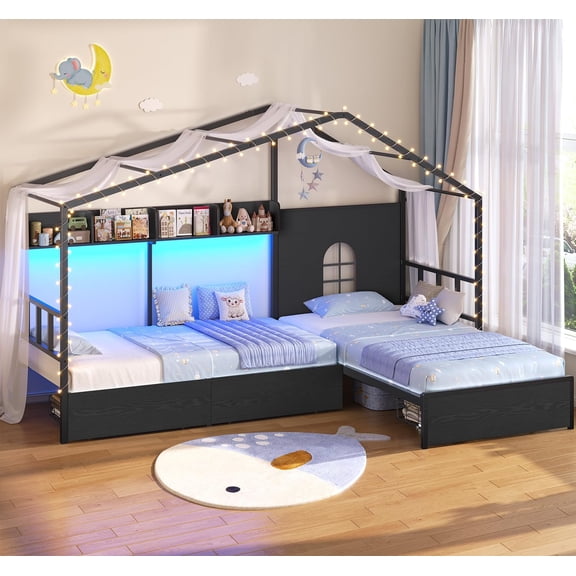 Double Twin bed Frames with Roof, Storage Drawers & Window,L Shape Twin House Bed with Tent, LED Lights, Storage Bookshelf, Safety Guardrails, 3 Rolling Drawers, Easy DIY Assembly,Black