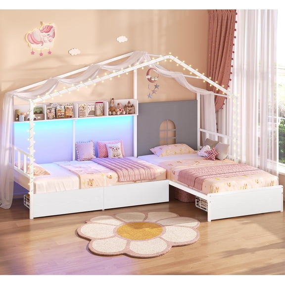 Double Twin bed Frames with Roof, Storage Drawers & Window,L Shape Twin House Bed with Tent, LED Lights, Storage Bookshelf, Safety Guardrails, 3 Rolling Drawers, Easy DIY Assembly,White