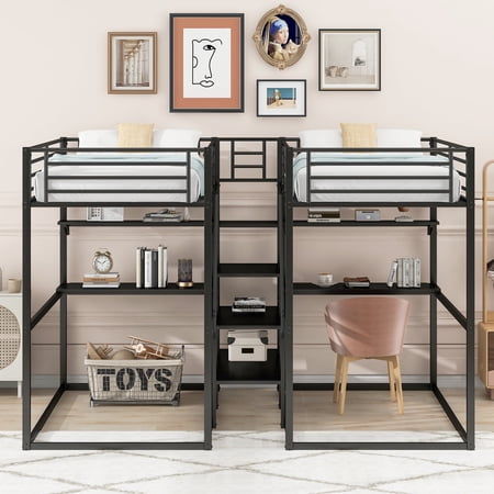 Double Twin over Twin Bunk Bed with Desk, Shelves and Storage Staircase, Metal Bunk Bed Frame, Bunk Bed Frame with Guardrails (Black)
