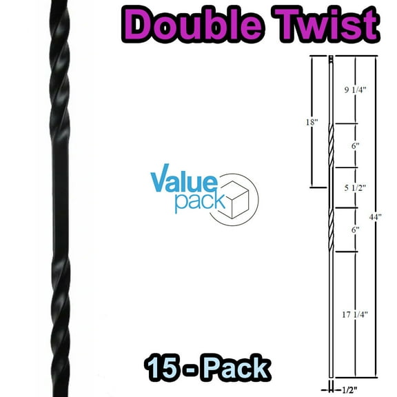 Double Twist Stair Iron Balusters (15-Pack) Hollow Metal Spindles (Satin Black)