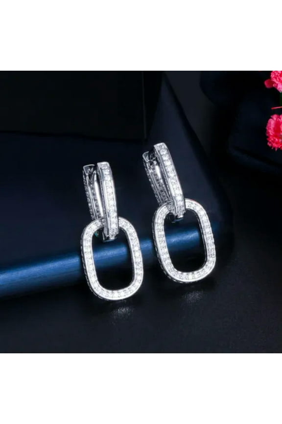 Double Use Pave CZ Geometric Cuban Link Chain Rectangle Huggie Drop Earrings