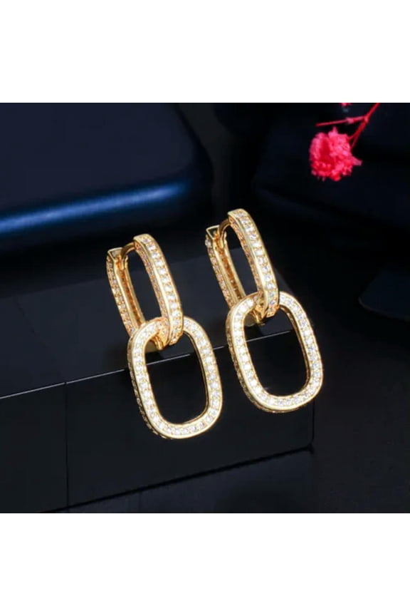 Double Use Pave CZ Geometric Cuban Link Chain Rectangle Huggie Drop Earrings