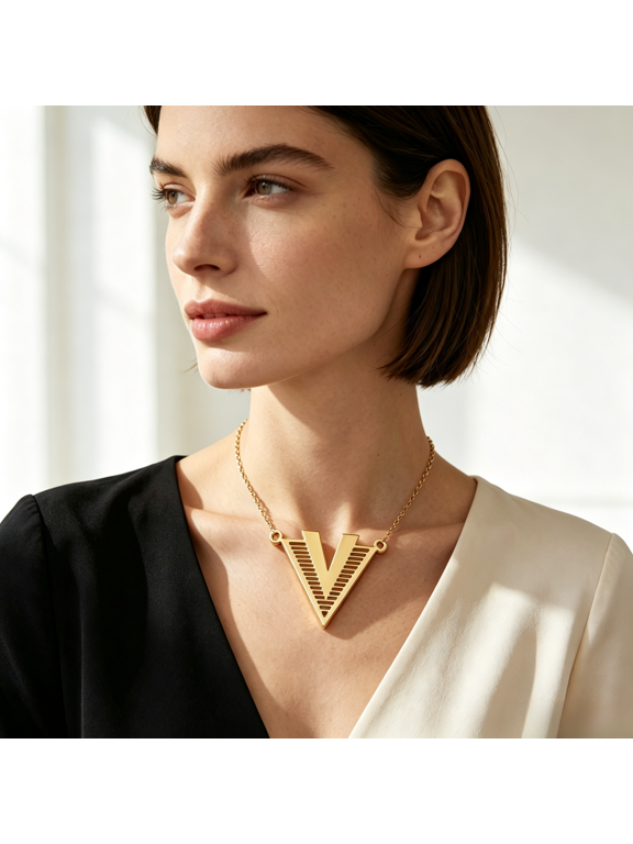 Double V Geometric Triangle Pendant Necklace for Women, 14K Gold Filled Distinct V Lines Silhouette Modern Decorative Jewelry