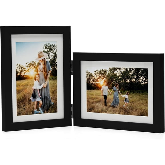 Double Vertical & Horizontal Picture Frames Hinged Folding Photo Poster in Black Made of Pine Wood with Real Glass for Wall Hanging or Tabletop Standing, Display Pictures 4x6
