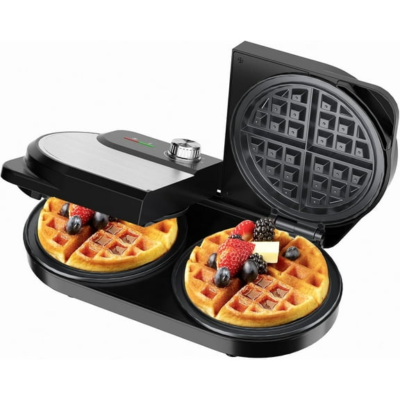 Double Waffle Maker 6 Inch, 1400W Belgian Waffle Maker for Breakfast and Snacks, Stainless Steel Waffle Iron with Nonstick Plates, Temperature Knob, Cool-Touch Handles