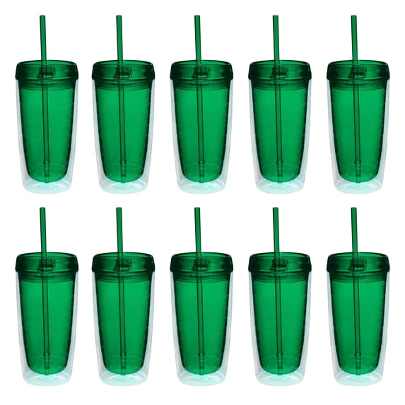 Double Wall Acrylic Tumblers 16 oz. Set of 10, Bulk Pack - BPA Free, Perfect for Iced Coffee, Soda, Other Hot & Cold Beverages - Green