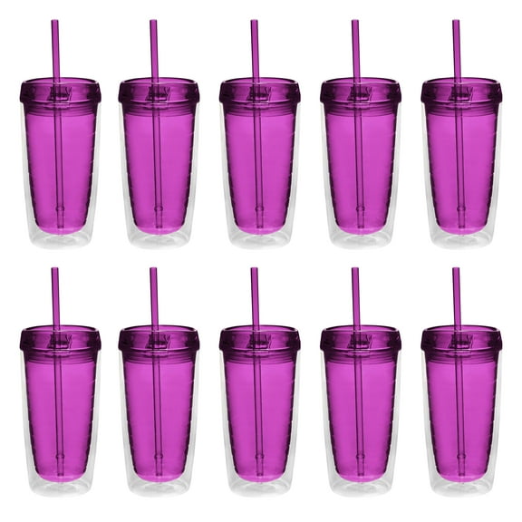 Double Wall Acrylic Tumblers 16 oz. Set of 10, Bulk Pack - BPA Free, Perfect for Iced Coffee, Soda, Other Hot & Cold Beverages - Purple