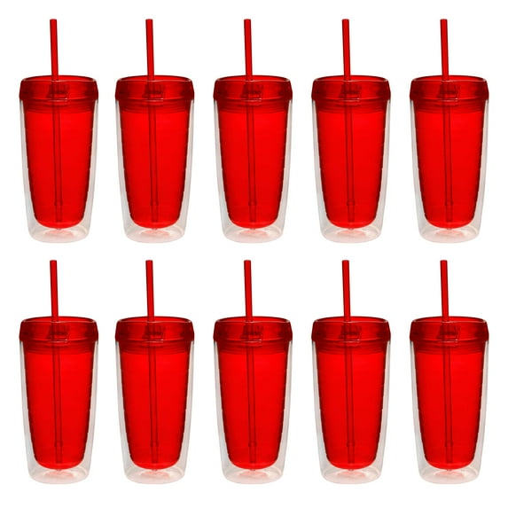 Double Wall Acrylic Tumblers 16 oz. Set of 10, Bulk Pack - BPA Free, Perfect for Iced Coffee, Soda, Other Hot & Cold Beverages - Red