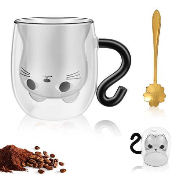 Double Wall Cat Cup 8.45 oz Coffee Glass Tea Mug with Spoon Cute Cat Mug with Handle Double Wall Coffee Cup Present for Women for Cappuccino Milk