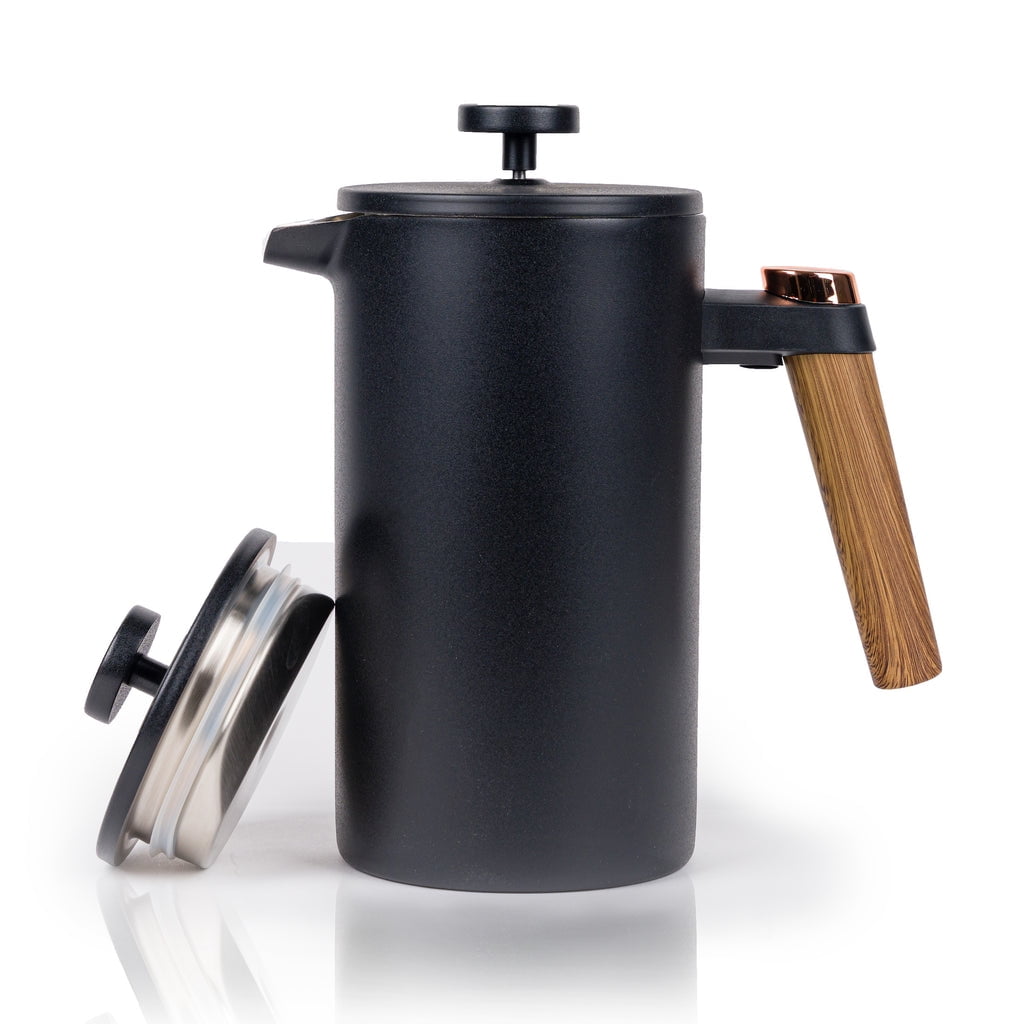 Black Stainless Steel Double-Wall French Press with Wood Handle