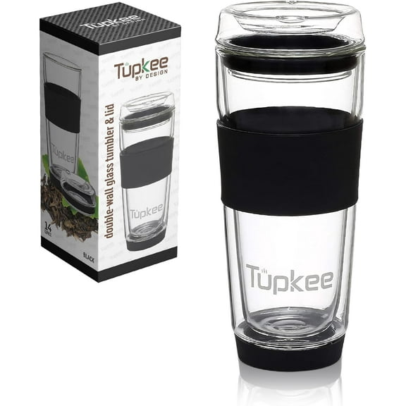 Double Wall Glass - 14-Ounce, All Glass Reusable Insulated Tea/Coffee Mug & Lid, Hand Blown Glass Travel Mug - Black