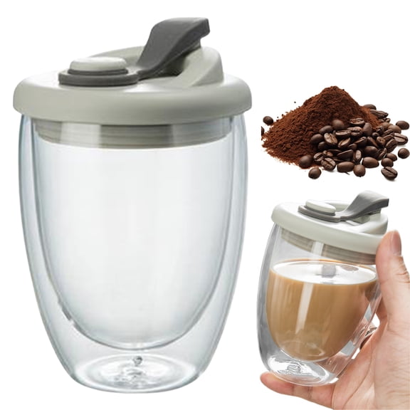 Double Wall Glass Coffee Cup 450ml, Transparent Insulated Travel Mug with Lid for Coffee, Tea, Juice, Milk, Latte, Dessert, Home, Office, Party