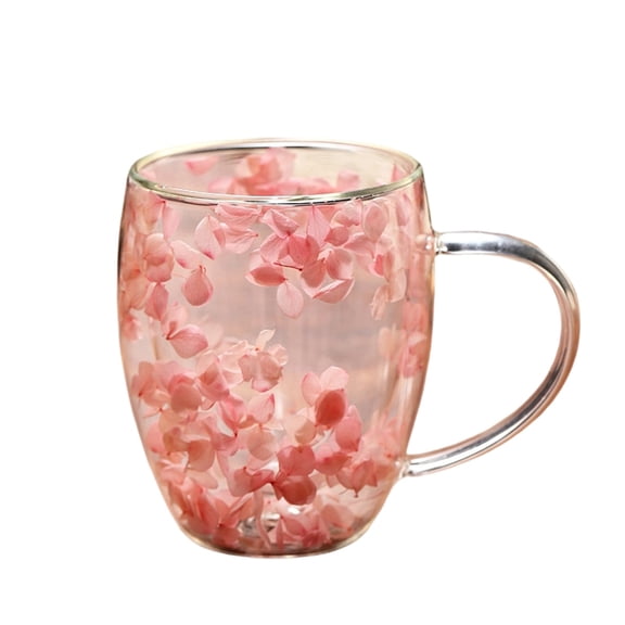 Double Wall Glass Coffee Mug with Handle, Insulated Borosilicate Glass Cup for Hot and Cold Beverages, Floral Design Heat Resistant Drinking Cup(Pink,350ML / 11.8Oz)