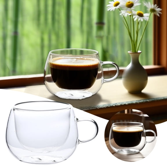 Double Wall Glass Coffee Mug, Insulated Borosilicate Glass Tea Cup with Handle, Clear Heat Resistant Mug for Espresso, Latte, Hot Beverages
