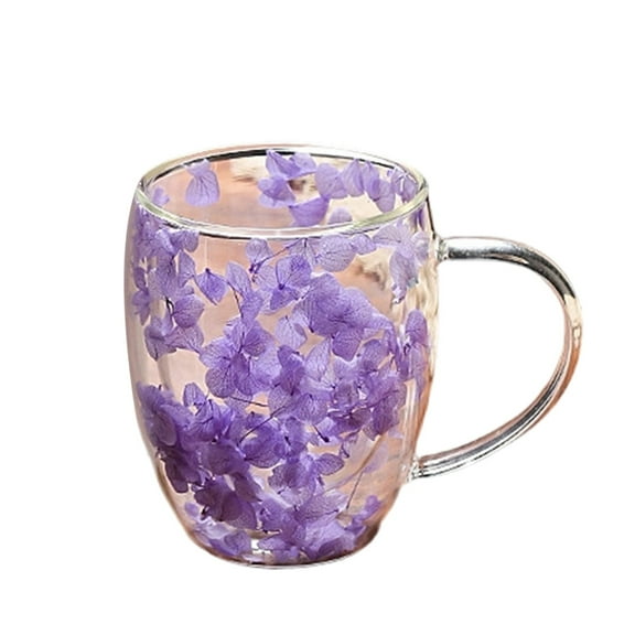 Double Wall Glass Coffee Mug with Purple Hydrangea Flower Design, 13oz Cute Floral Insulated Cup, Clear Double Walled Glass Tea Mug for Women, Hot & Cold Beverages, Home Office Gift for Women, Gifts