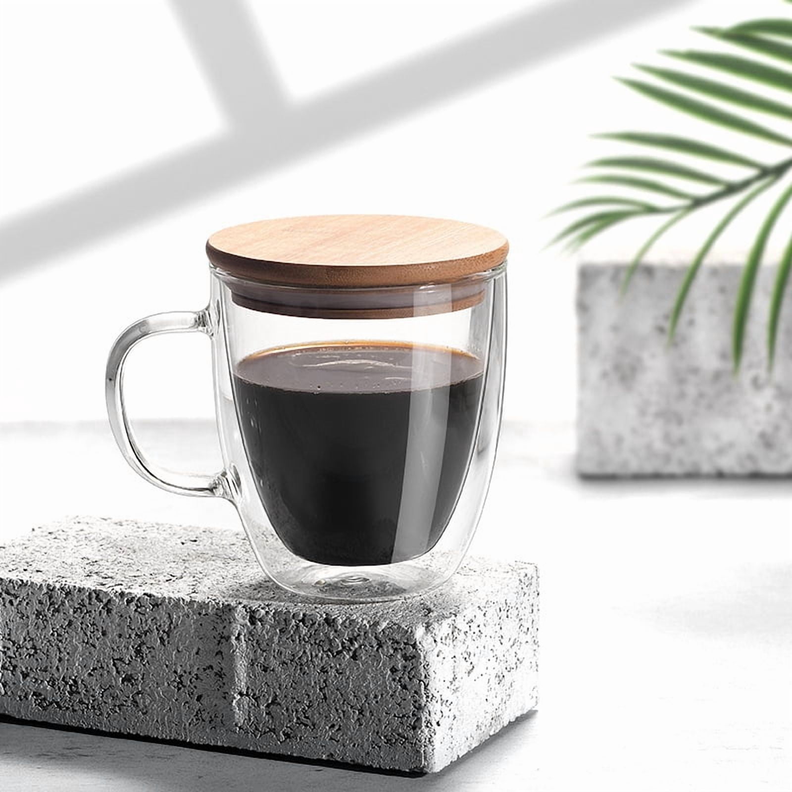 Double Wall Glass Coffee Mugs 350ml with Bamboo Lid , Glass Coffee Cups   with Handle, Insulated Clear Coffee Mug, Perfect for Latte, Cappuccino, Espresso, Hot Beverage, Tea
