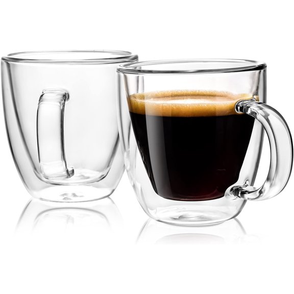Double Wall Glass Coffee Mugs 5oz / 150ml, Set of 2 Insulated Mugs with Handles, Stylish Tazas de Cafe Con Estilo