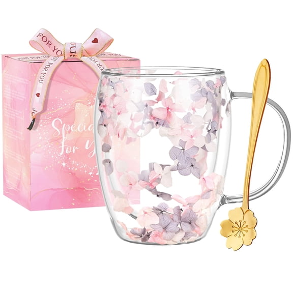 Double Wall Glass Coffee Mugs, Aesthetic Dried Flowers Cups with Handles,Espresso Cups for Cappuccino Coffee Tea Milk,Insulated Heat Resistant Glass Mug Christmas Birthday Gifts for Women