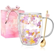 Double Wall Glass Coffee Mugs, Aesthetic Dried Flowers Cups with Handles,Espresso Cups for Cappuccino Coffee Tea Milk,Insulated Heat Resistant Glass Mug Christm