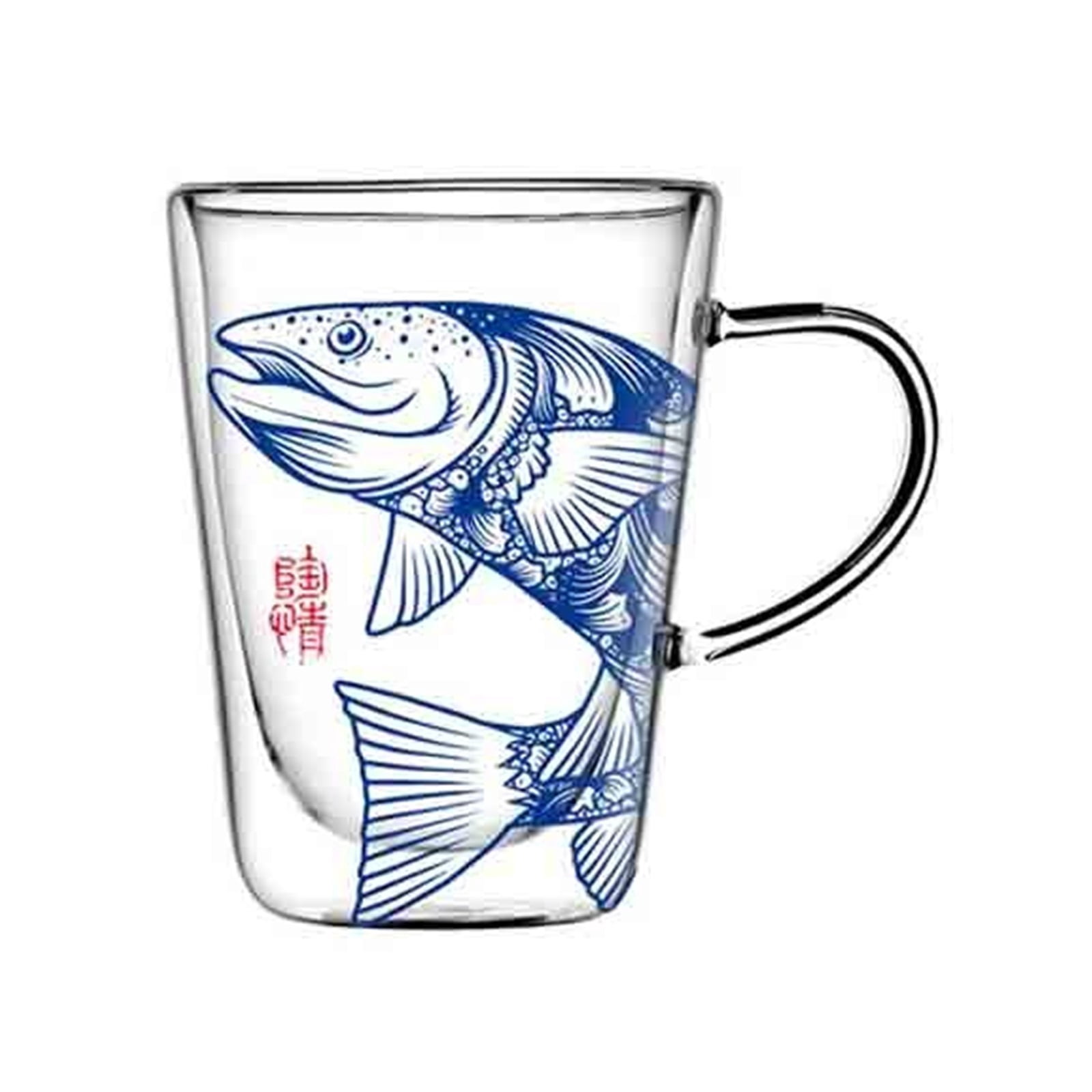 Double Wall Glass Coffee Mugs Ancient Chinese Totem Printing, Clear Espresso Cups with Handle, 280ML