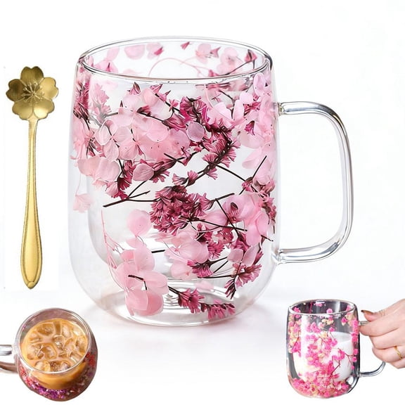 Double Wall Glass Coffee Mugs,Creative Clear Glass Cups with Handle Flowers Double Insulated Cup for Hot Cold Beverages Cappuccino Latte, Heat-Resistant Floral Glasses for Home & Gift Use
