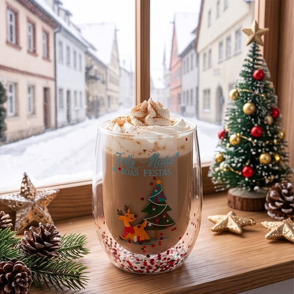 Double Wall Glass Cup Sealed Sequins Egg Shape Tumbler Christmas Coffee Mug for Holiday Party Hot Cocoa Champagne Drinking Glassware Gift for Home Kitchen Festive Table Decor 1 Pack