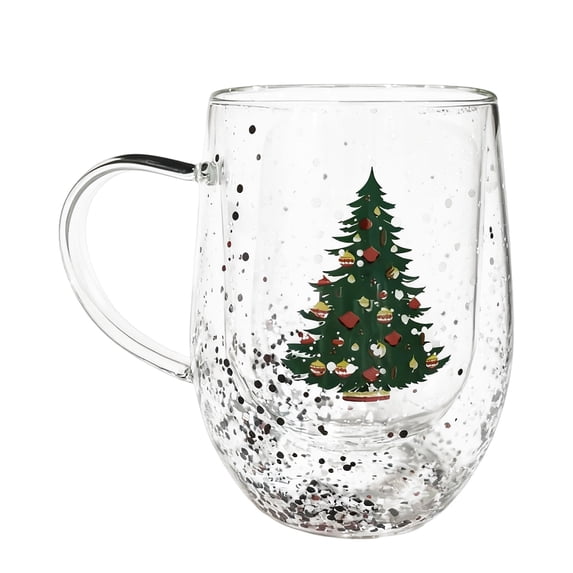 Double Wall Glass Mug, Christmas Tree Design Double-Layer Coffee Cup with Sparkling Holiday Style, Insulated Glass Mug for Tea Milk Hot Cocoa, Festive Glassware for Home Party and Gift Giving