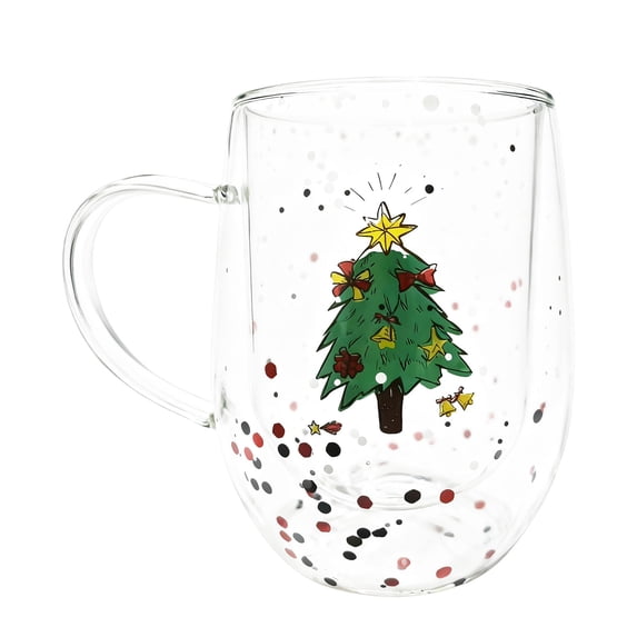 Double Wall Glass Mug, Christmas Tree Design Double-Layer Coffee Cup with Sparkling Holiday Style, Insulated Glass Mug for Tea Milk Hot Cocoa, Festive Glassware for Home Party and Gift Giving