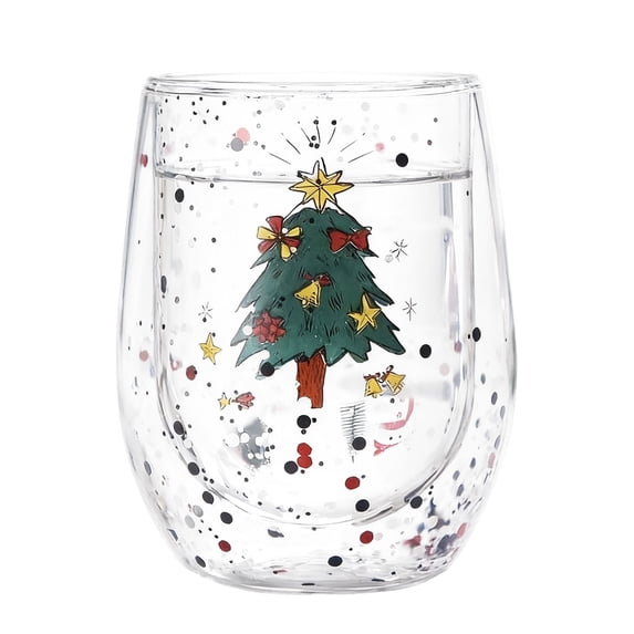 Double Wall Glass Mug, Christmas Tree Design Double-Layer Coffee Cup with Sparkling Holiday Style, Insulated Glass Mug for Tea Milk Hot Cocoa, Festive Glassware for Home Party and Gift Giving