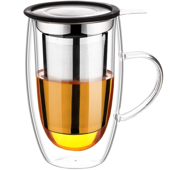 Double Wall Glass Tea Cup With Stainless Steel Infuser and Lid, 16oz Borosilicate Glass Tea Mug, Tea Infuser for Loose Leaf Tea, Teas Gifts for Lovers