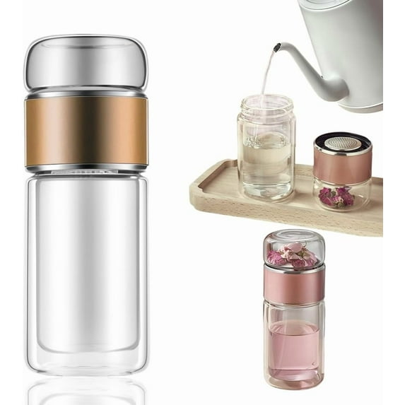 Double Wall Glass Tea Infuser Bottle Tumbler - 12oz/350ml Leakproof Travel Mug with Stainless Steel Filter for Loose Leaf Tea & Fruit Water, Hot or Cold Ready, Suit for Office Travel Home (silver)