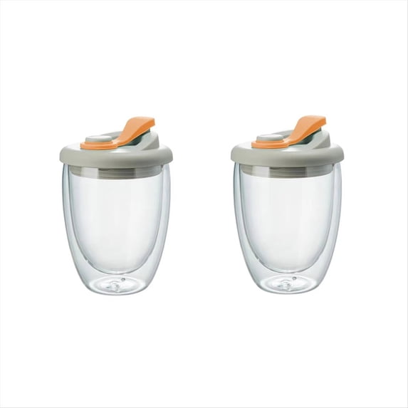Double Wall Glass Water Cup with Leak-Proof Lid - Insulated Transparent Coffee Mug for Milk, Tea, Juice Drinkware Orange