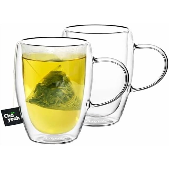 Double Wall Glasses, 12 OZ Insulated Cups with Handle, Perfect for Tea, Coffee, Water, and More (Set of 2)$$Home Decor, Kitchen, & Other