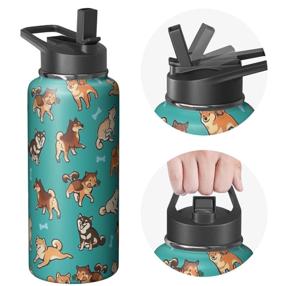 Double Wall Insulated 32oz Stainless Steel Sports Dog Water Bottle with Handle Lids - Wide Mouth, Leakproof, 24Hrs Cold 12Hrs Hot, Gym Flask for Dog Lovers