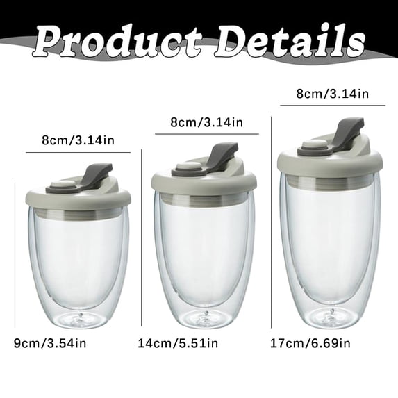 Double Wall Insulated Anti Spill Glass Coffee Mugs 250/350/450ml with Lid, Travel Glassware for Tea, Latte, Iced Coffee & Cold Drinks